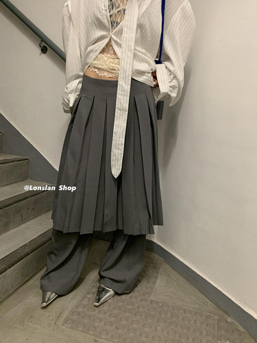 LONSLAN阔腿拖地假两件百褶裙