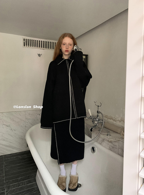 LONSLAN 12/10 20:00NEW设计感线条翻领毛衣+半裙套装