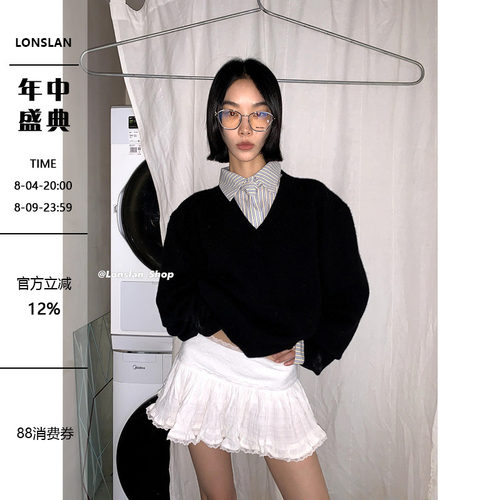 Lonslan纯色V领慵懒风针织毛衣