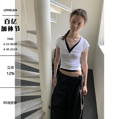 LONSLAN25SUMMER  V领系扣收腰正肩短袖T