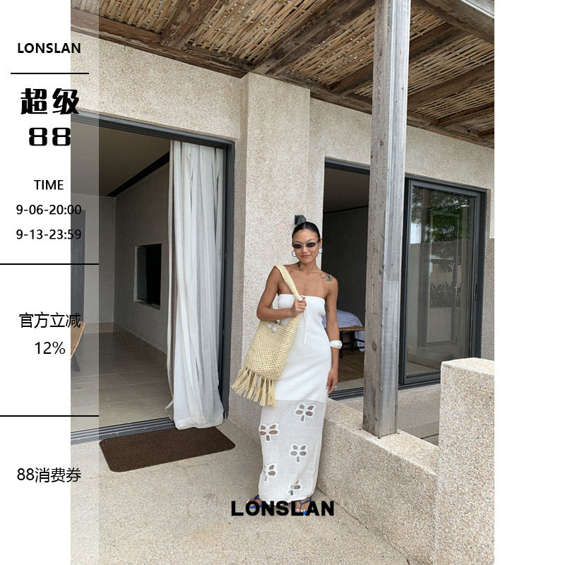 LONSLAN 2026夏季新款针织钩花镂空花朵抹胸绑带连衣裙图片