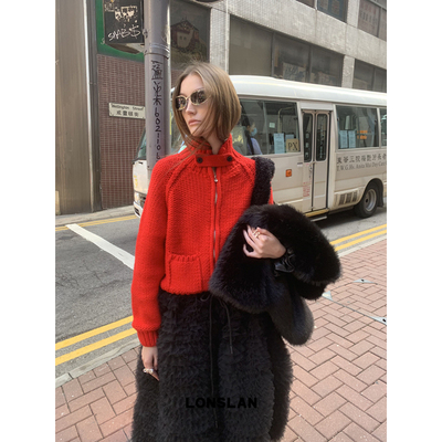 LONSLAN24WINTER 11/30 20:00NEW新年圣诞口袋立领红色毛衣