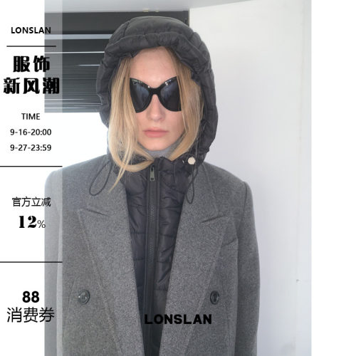 LONSLAN 2024秋冬新款复古时尚羽绒拉链连帽抽绳防风坎肩马甲女