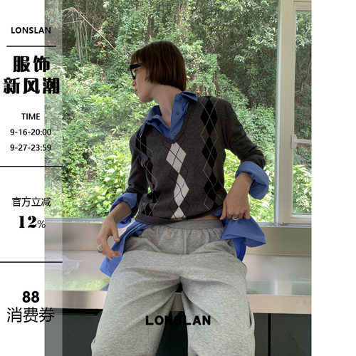 LONSLAN 2026春秋款复古英伦风U领菱格针织长袖T恤上衣女
