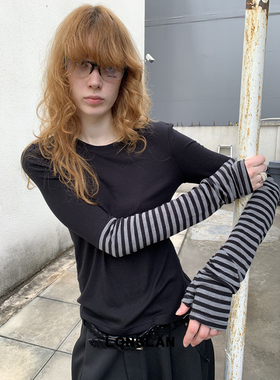 LONSLAN 2025秋季新款 条纹拼接袖磨毛绒面打底长袖假两件T