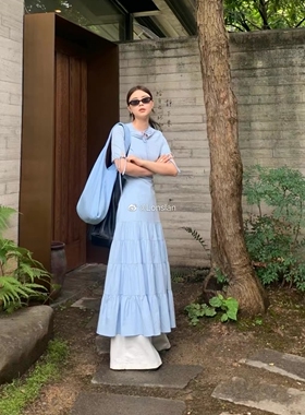 LONSLAN SUMMER 浅蓝色气质显瘦百褶连衣裙