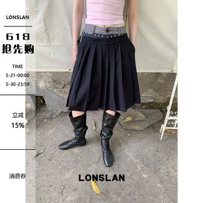 LONSLAN 2026春夏新品设计感拼接波点百褶裤裙七分裤
