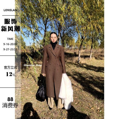 LONSLAN双排扣做旧毛呢长款大衣