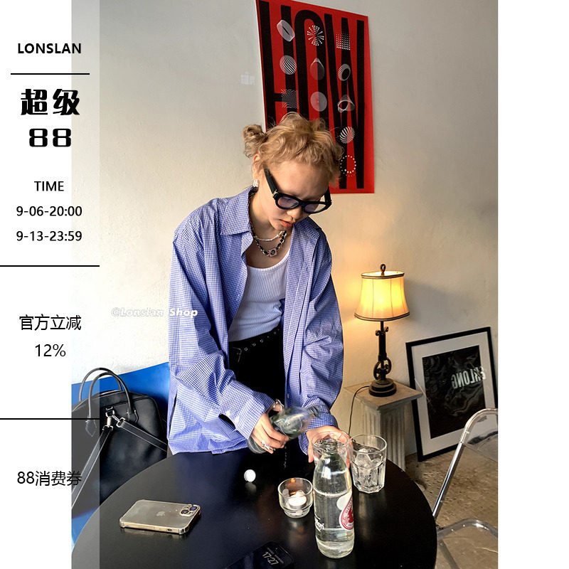 LONSLAN韩系蓝格子宽松休闲衬衫图片
