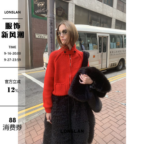 LONSLAN24WINTER 11/30 20:00NEW新年圣诞口袋立领红色毛衣