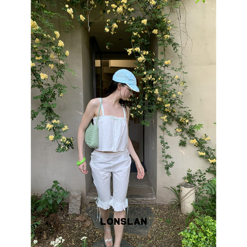 LONSLAN25SUMMER 设计感可爱蕾丝浅拼接吊带+中裤套装