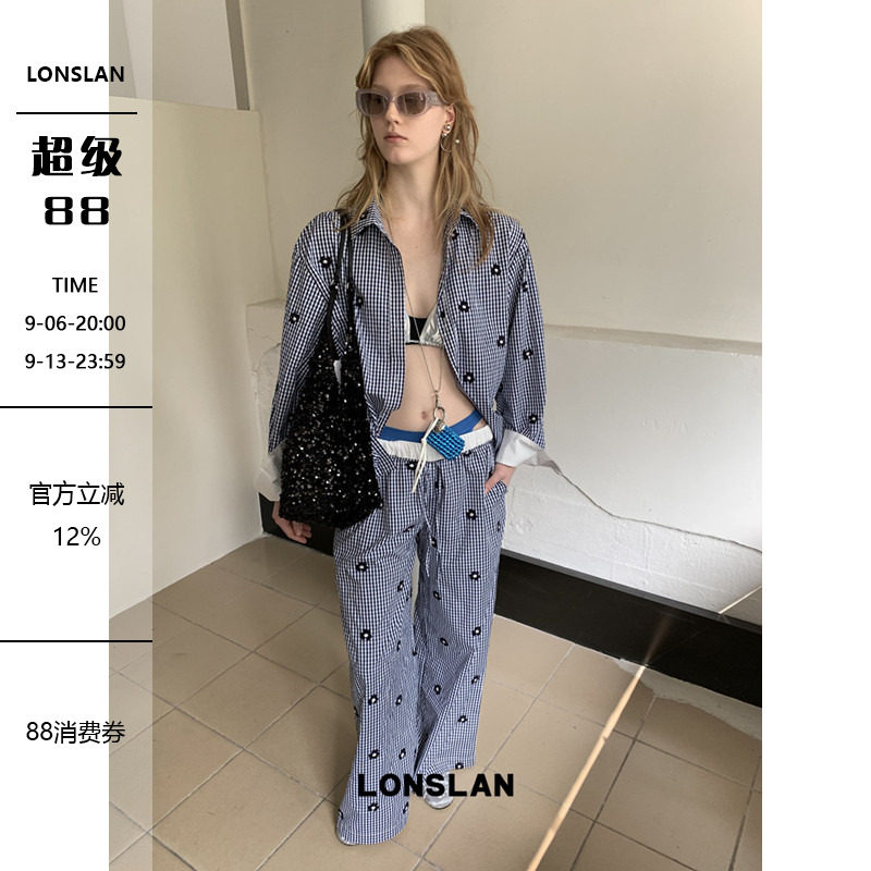 LOSLAN 25SS 小众设计格纹花朵刺绣衬衫+裤子套装图片
