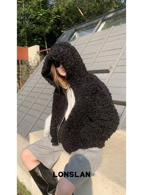 LONSLAN 24WINTER 11/10 20:00NEW 黑色羊羔毛连帽外套