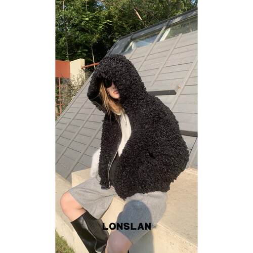LONSLAN 24WINTER 11/10 20:00NEW 黑色羊羔毛连帽外套