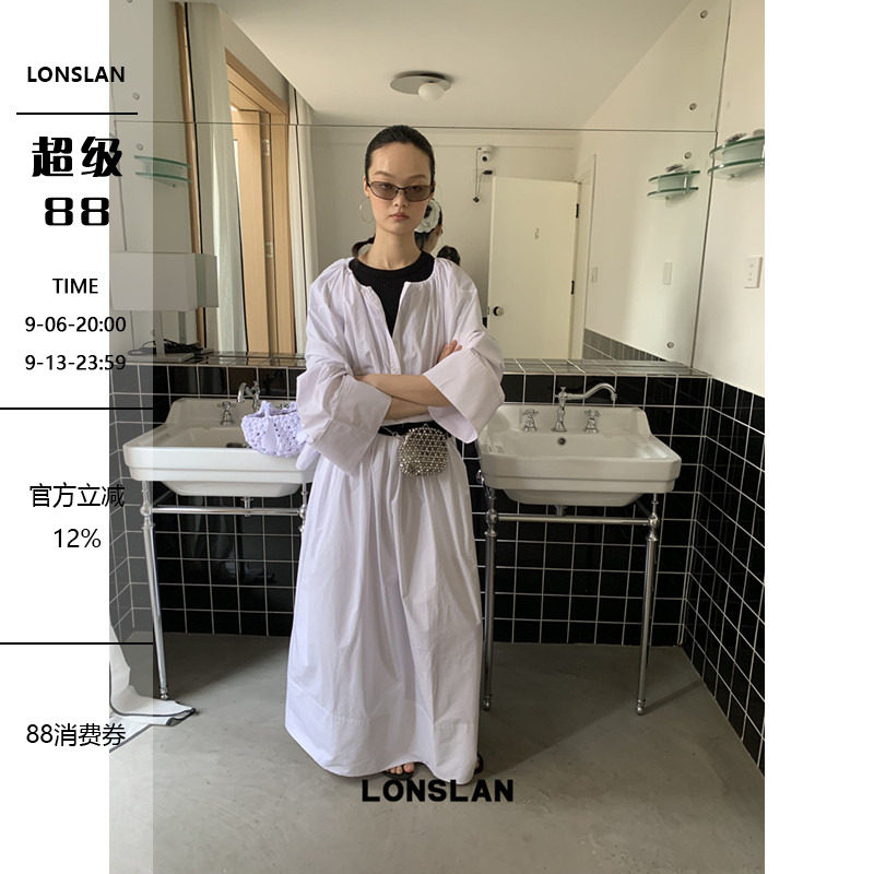 LONSLAN 2025春夏新款 韩系宽松一字领大翻边长袖衬衫 半裙套装女图片