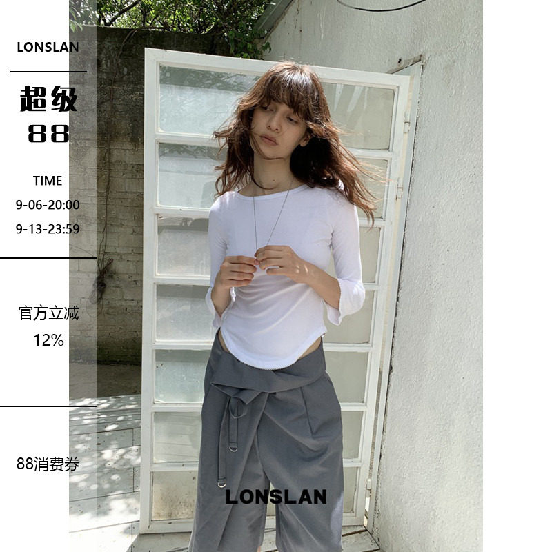 LONSLAN 26AW 秋冬新款内搭一字领花边七分袖打底T图片