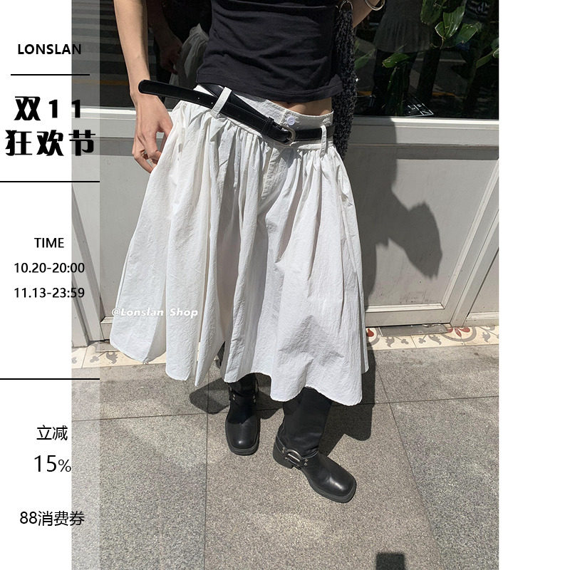 LONSLAN 小众复古设计高腰显瘦中长款大摆伞百褶A字半身裙 配皮带