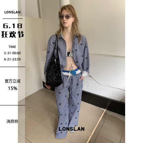 LOSLAN 25SS 小众设计格纹花朵刺绣衬衫+裤子套装