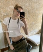 显瘦短袖 LONSLAN T恤上衣t恤女 修身 百搭白色修身 2023夏季 短款