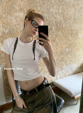 LONSLAN 2023夏季短款修身百搭白色修身显瘦短袖T恤上衣t恤女