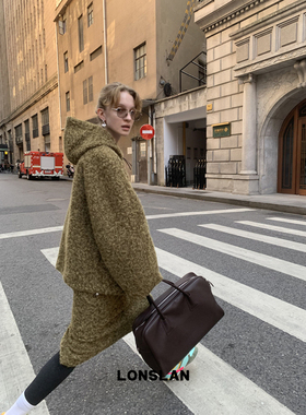 LONSLAN 24WINTER 12/9 20:00NEW毛呢羊毛连帽拉链外套+半裙套装