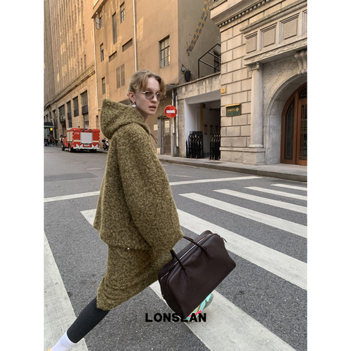 LONSLAN 24WINTER 12/9 20:00NEW毛呢羊毛连帽拉链外套+半裙套装