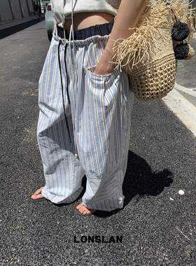 LONSLAN 25SUMMER  腰头拼接抽绳条纹阔腿裤