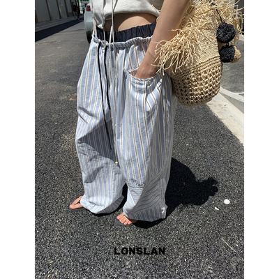 LONSLAN 25SUMMER  腰头拼接抽绳条纹阔腿裤