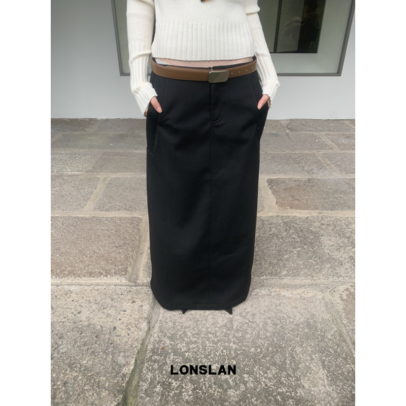 LOSLAN 2024秋冬新款韩系学院风长款直筒高腰显瘦A字西装半裙女