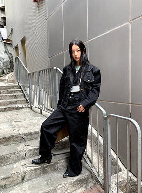 LONSLAN 2024春新款深灰色复古牛仔马甲上衣长裤套装