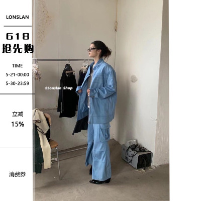 LONSLAN休闲蓝色工装裤套装