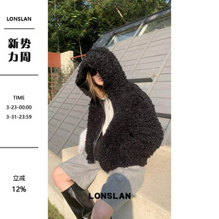 24WINTER 00NEW 黑色羊羔毛连帽外套 LONSLAN