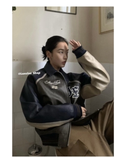寬松帥氣長袖 字母拼色皮衣外套上衣女 2023秋冬新款 LONSLAN