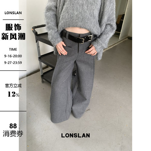 LONSLAN 2024秋冬新款毛呢阔挺羊毛西装阔腿裤长裤女