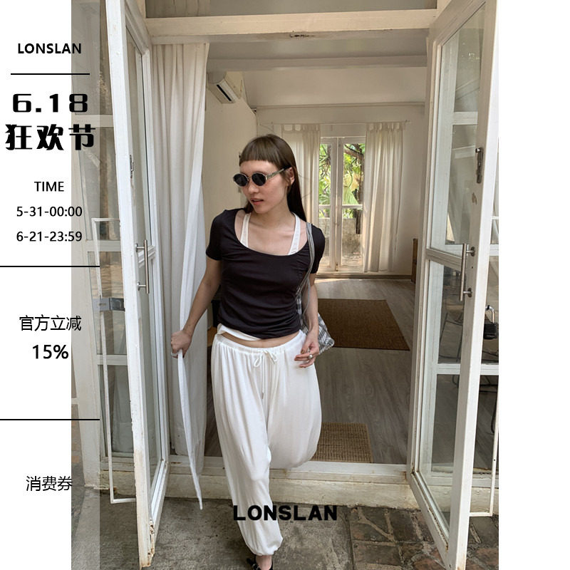 LONSLAN 2026SUMMER春夏新款 假两件U领短袖叠穿深灰色显瘦T