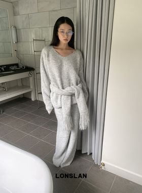 LOSLAN 2024秋冬新款宽松休闲大圆领毛衣+阔腿裤+流苏围巾三件套