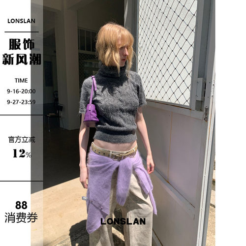 LONSLAN 2026AW羊毛杂灰色麻花高领短袖毛衣打底