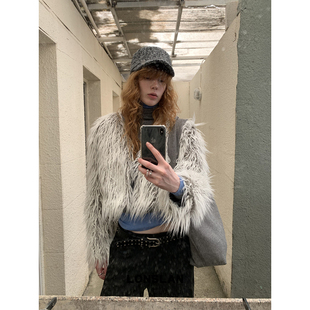 LONSLAN 2025秋季新款 短款灰白杂色毛毛外套