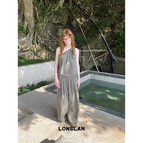 LONSLAN 25SUMMER  斜肩绑带背心+阔腿裤套装