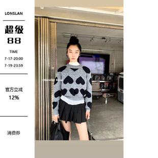 LONSLAN 2023秋冬新款韩版百搭爱心圆领短款外穿打底毛衣外套女