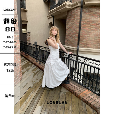 LONSLAN 2026春夏新品褶皱收腰抹胸大摆连衣裙