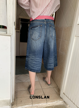 LONSLAN25SUMMER 深蓝色做旧牛仔7分阔腿裤