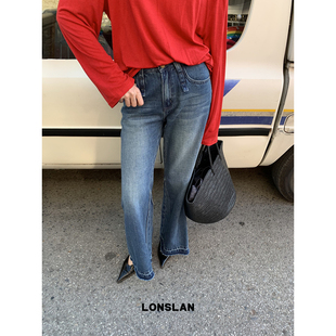 LONSLAN 2025春夏新款韩版复古设计感撞色撕边微喇牛仔裤长裤女