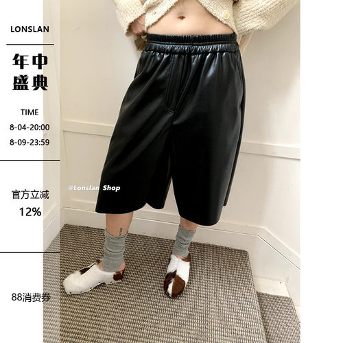 Lonslan松紧带皮短裤裤子女