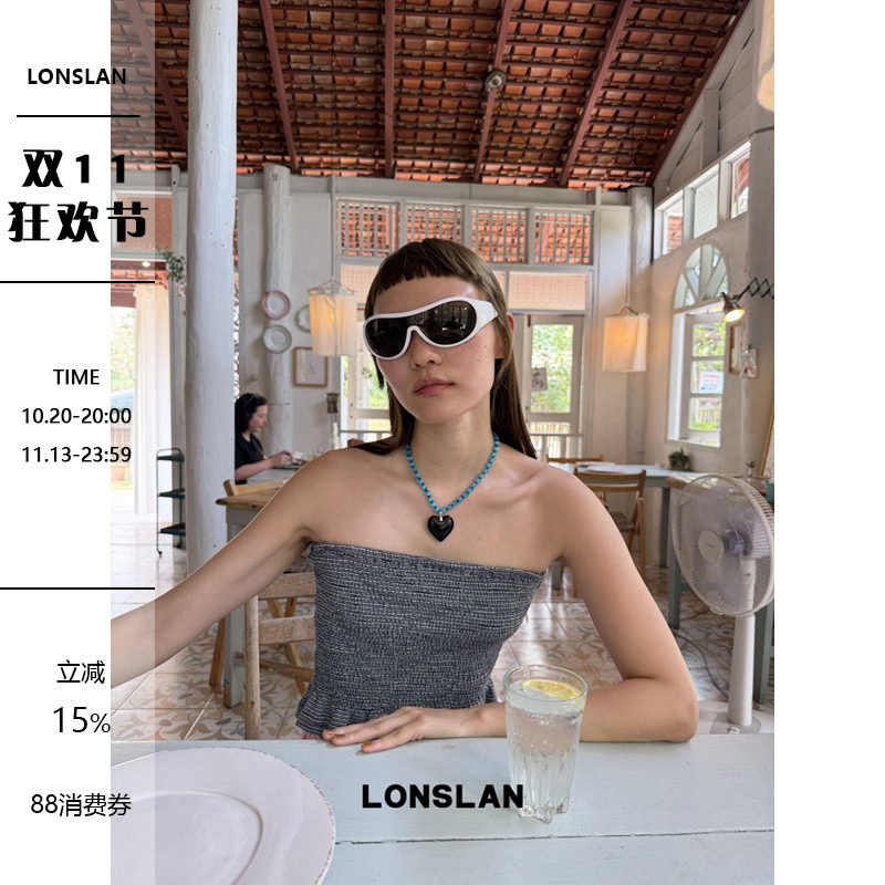 LONSLAN 2026SUMMER春夏新款 杂色蓝色花边松紧褶皱抹胸