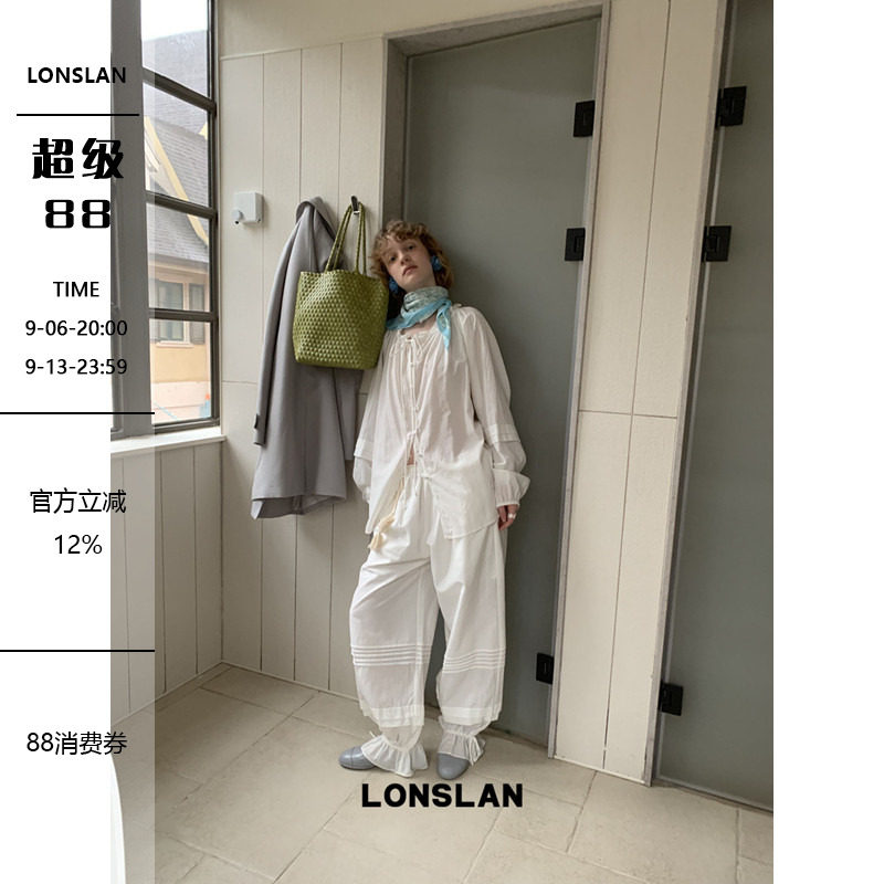 LONSLAN 2026春夏新品抽绳荷叶边娃娃上衣衬衫+绑带抽绳收脚裤图片