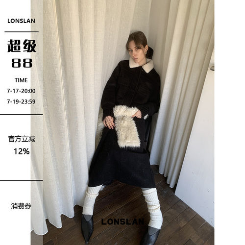 LONSLAN 24WINTER 12/9 20:00NEW羊绒口袋毛领外套+半裙套装