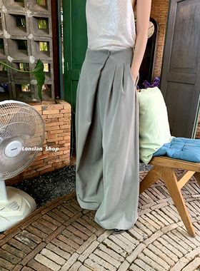 LONSLAN 2024春新款简约浅灰色休闲宽松西装阔腿拖地裤