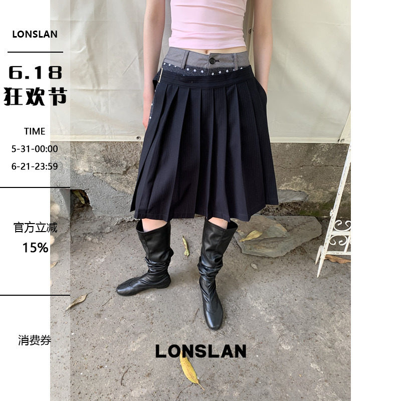 LONSLAN 2026春夏新品设计感拼接波点百褶裤裙七分裤