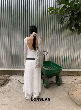 LOSLAN 25SS春夏新款 法式长袖蕾丝长款露背连衣裙